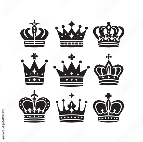 Kings crown icon set silhouette vector illustration