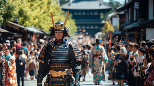 Jidai Matsuri Festival, view of a large parade featuring traditional costumes from the Edo, Heian, and Meiji eras, samurai in full armor and women in kimonos walking down the main street of Kyoto photo