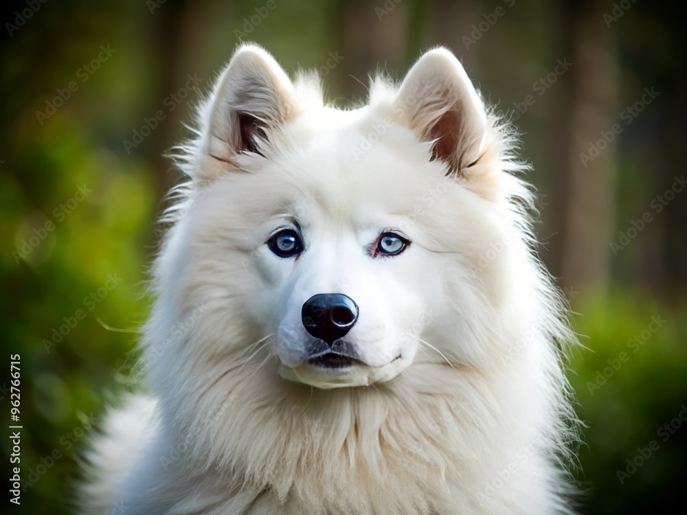 A Fluffy White Samoyed Dog With Striking Blue Eyes Gazes Intently With Its Head Tilted To The Side. A Fluffy White Samoyed Dog With Striking Blue Eyes Gazes Intently With Its Head Tilted To The Side.