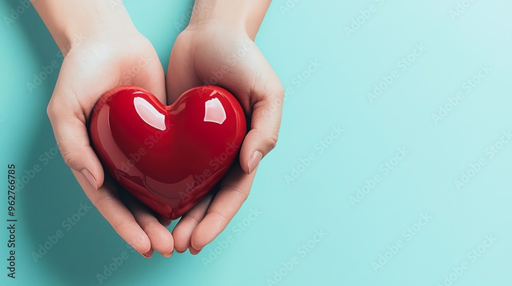 Hands holding a red heart symbol, representing love and affection against a soft turquoise background. Hands holding a red heart symbol, representing love and affection against a soft turquoise background.