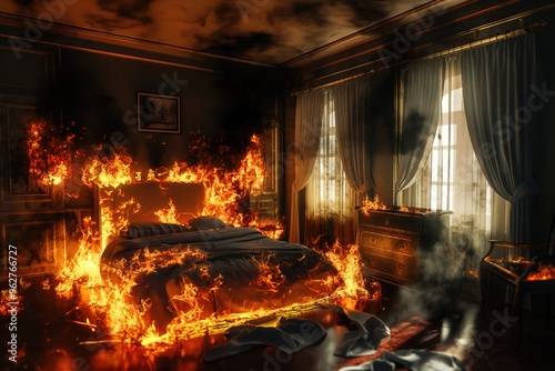 Bedroom engulfed in flames and smoke, black walls contrast with damaged ceiling, charred wood floor adds to destruction. Scene depicts chaos and devastation from fire damage.