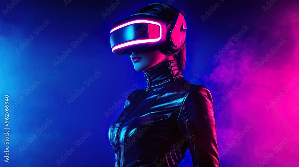 Futuristic woman in VR headset against colorful neon background, showcasing immersive technology and virtual reality experience. Futuristic woman in VR headset against colorful neon background, showcasing immersive technology and virtual reality experience.
