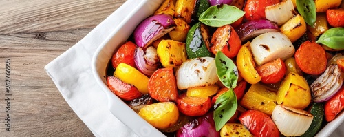 Vibrant roasted vegetables in a white dish, showcasing a colorful mix of peppers, onions, and fresh herbs on a rustic wooden table.