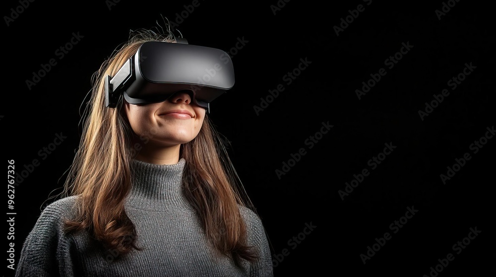 A young woman experiencing virtual reality with a headset, showcasing a smile and immersion in a digital world. A young woman experiencing virtual reality with a headset, showcasing a smile and immersion in a digital world.