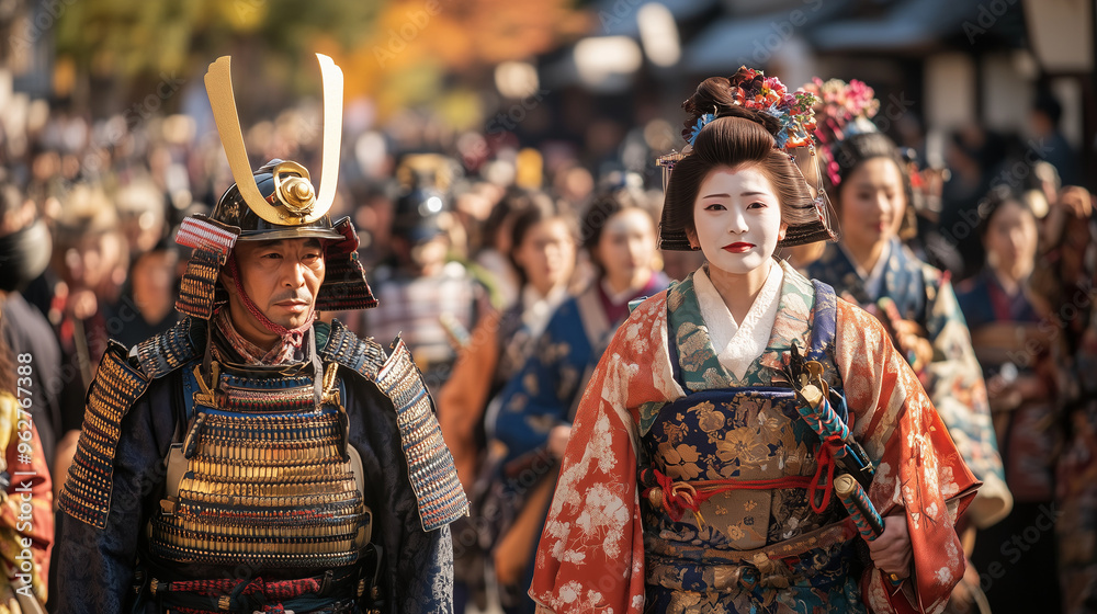 Fototapeta premium Jidai Matsuri Festival, view of a large parade featuring traditional costumes from the Edo, Heian, and Meiji eras, samurai in full armor and women in kimonos walking down the main street of Kyoto