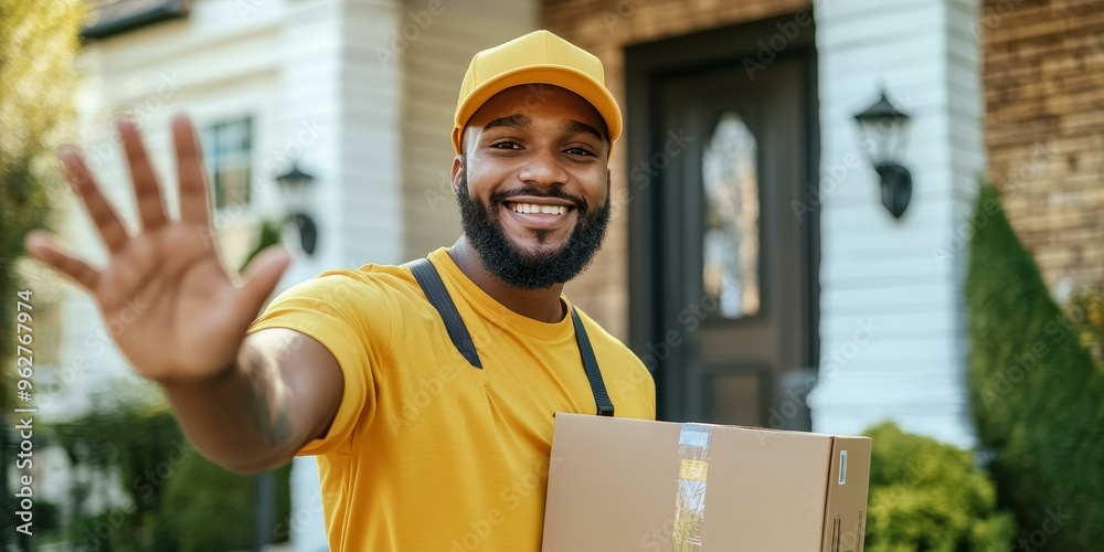 Smiling delivery man holds package, waving hello. Smiling delivery man holds package, waving hello.