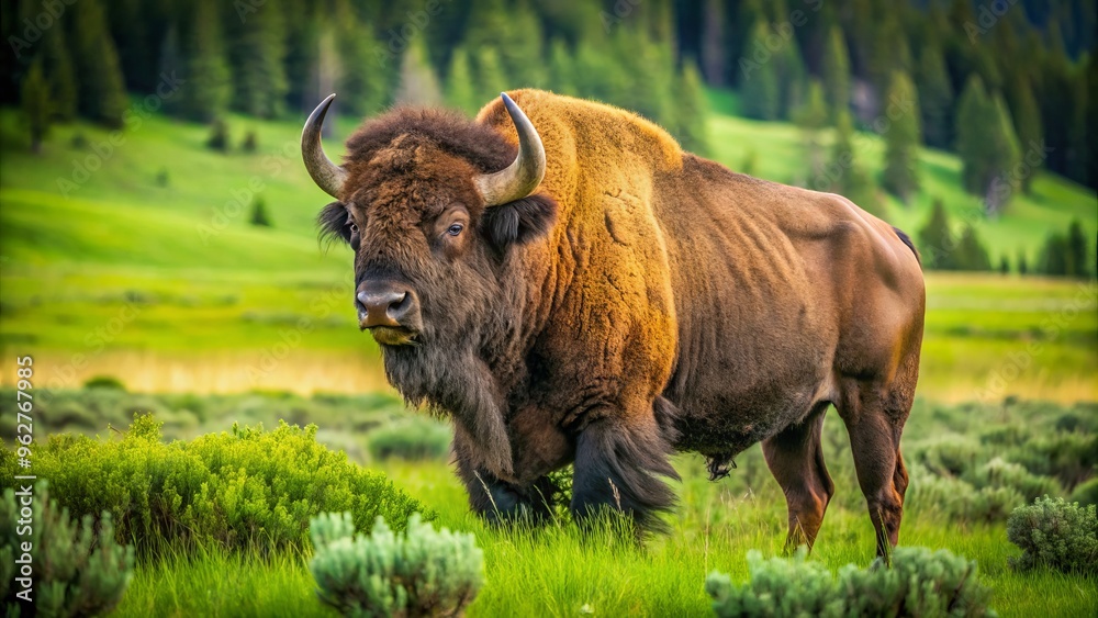 A majestic American bison stands in a lush green meadow, its shaggy fur and curved horns prominent in A majestic American bison stands in a lush green meadow, its shaggy fur and curved horns prominent in
