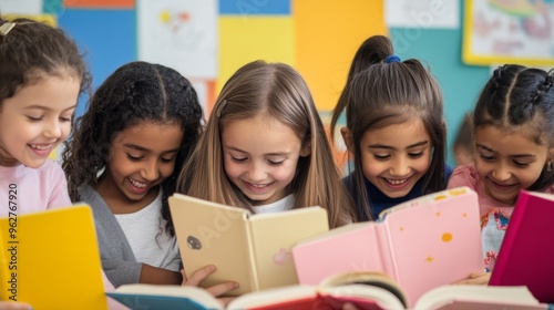 Children Celebrating International Literacy Day Reading Together in Classroom