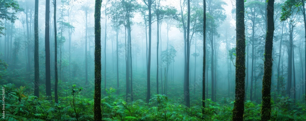 A serene forest enveloped in mist, showcasing tall trees and lush greenery, perfect for nature lovers and tranquil settings. A serene forest enveloped in mist, showcasing tall trees and lush greenery, perfect for nature lovers and tranquil settings.