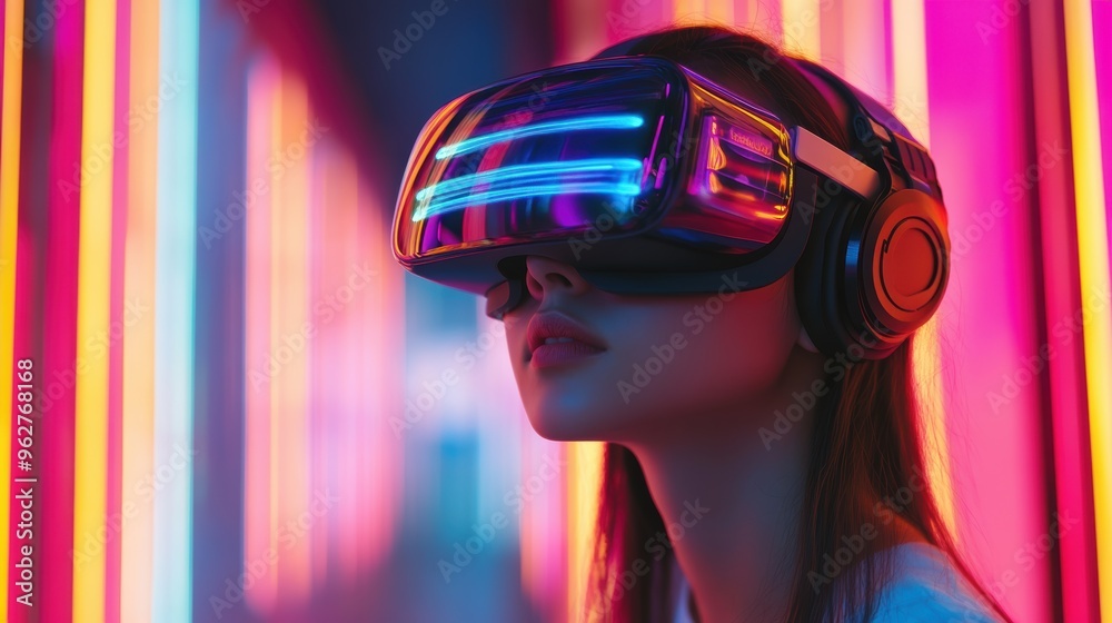 A young woman experiences virtual reality with a high-tech headset and headphones, surrounded by vibrant neon lights that create a futuristic atmosphere A young woman experiences virtual reality with a high-tech headset and headphones, surrounded by vibrant neon lights that create a futuristic atmosphere