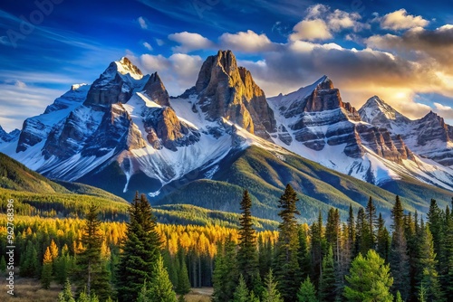 A Majestic Landscape Photograph Capturing Craggy, Snow-Capped Rocky Mountain Peaks Reaching Towards A Clear Blue Sky. photo