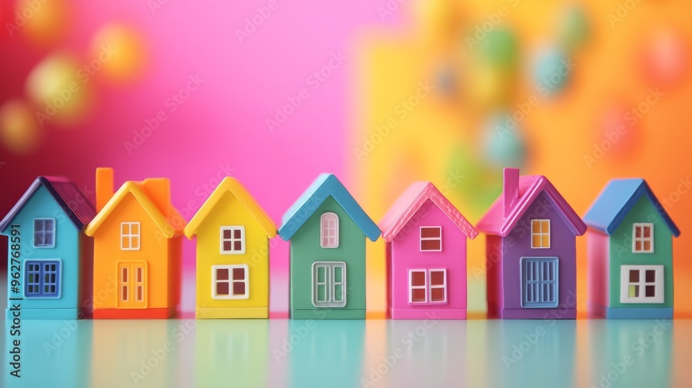 Vibrant toy houses in a row symbolize real estate, community planning, and housing concepts Vibrant toy houses in a row symbolize real estate, community planning, and housing concepts