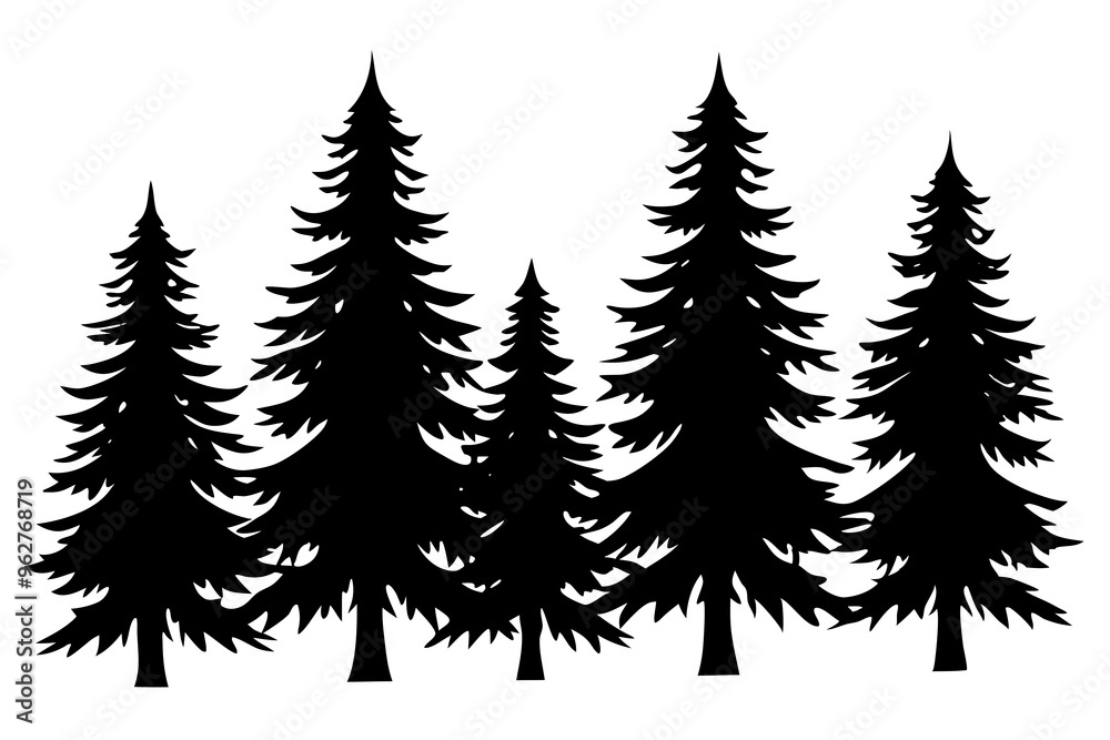 Obraz premium Silhouette of four pine trees. Can be used as poster, badge, emblem, banner, icon, decor...