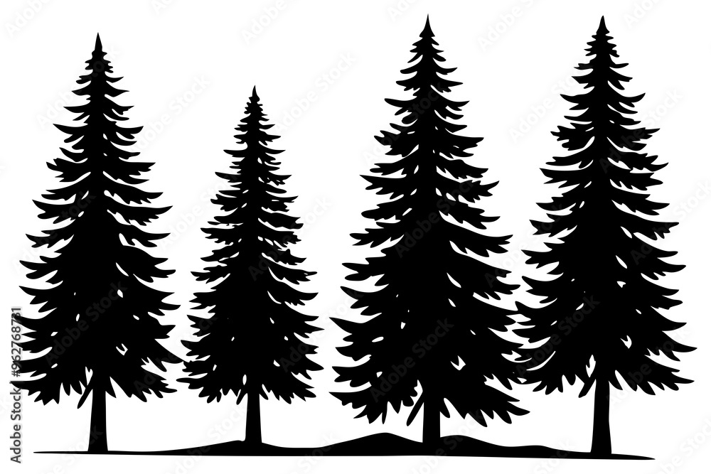 Obraz premium Silhouette of four pine trees. Can be used as poster, badge, emblem, banner, icon, decor...
