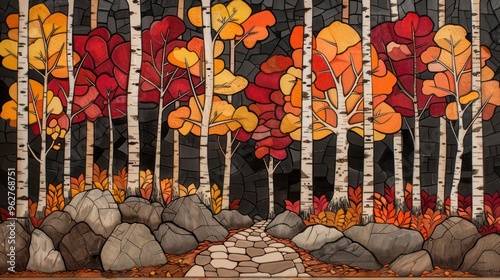 A vibrant autumn forest scene with colorful trees and a stone pathway.