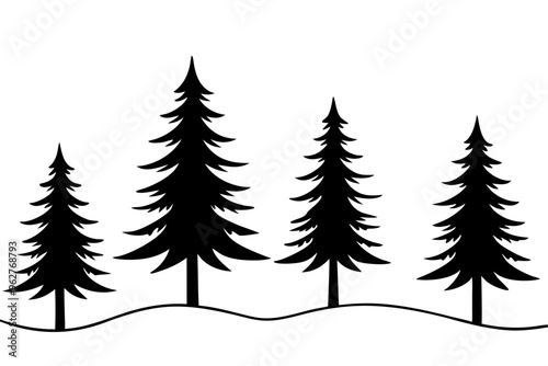Silhouette of four pine trees. Can be used as poster, badge, emblem, banner, icon, decor...