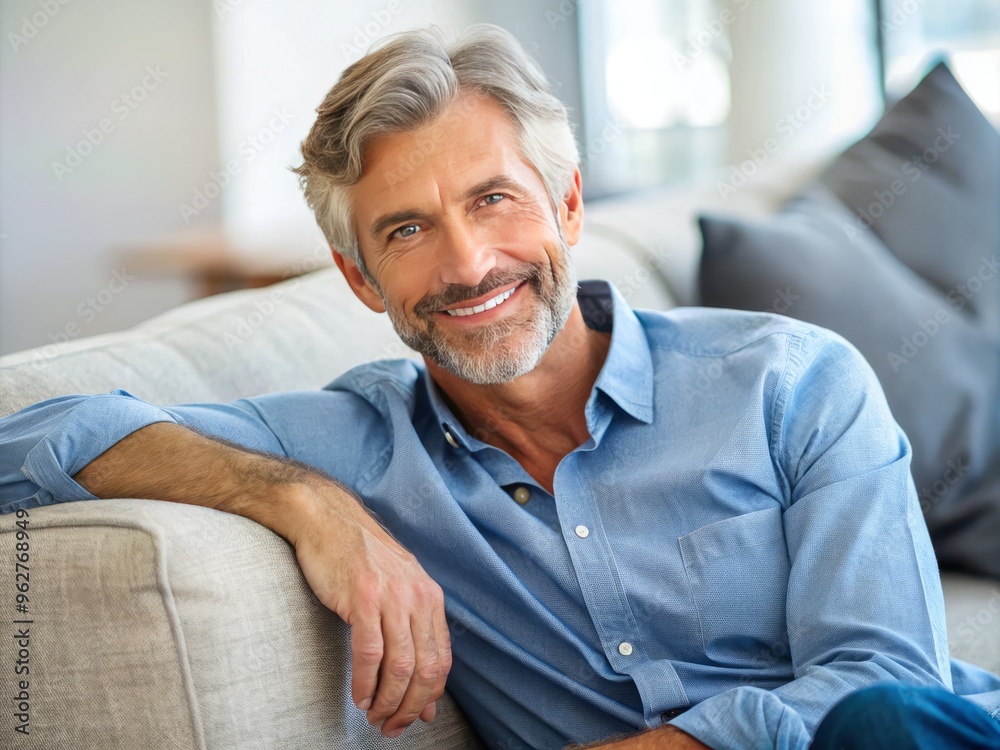A middle-aged man with a gentle smile and subtle wrinkles, dressed in casual attire, sits comfortably on a A middle-aged man with a gentle smile and subtle wrinkles, dressed in casual attire, sits comfortably on a