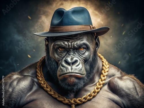 A Muscular Gorilla Dons A Fedora And Gold Chain, Glaring At The Camera With A Menacing Expression. photo