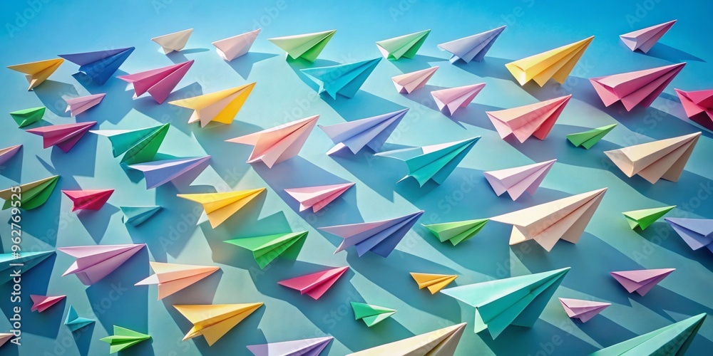 An Array Of Vibrant Pastel Paper Planes Soaring Through A Clear Blue Sky, Casting Playful Shadows On The An Array Of Vibrant Pastel Paper Planes Soaring Through A Clear Blue Sky, Casting Playful Shadows On The