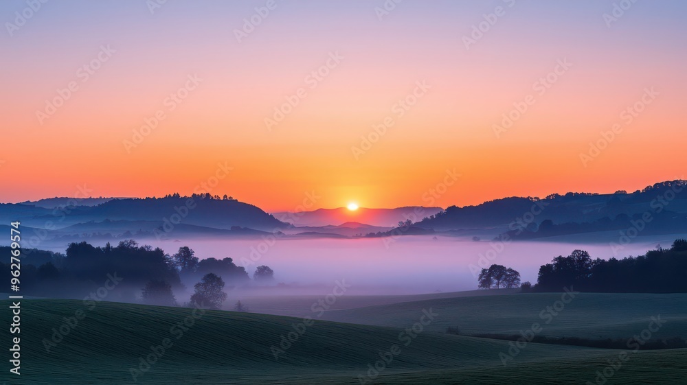A serene sunrise over misty hills, capturing the beauty of nature's tranquility and the beginning of a new day. A serene sunrise over misty hills, capturing the beauty of nature's tranquility and the beginning of a new day.