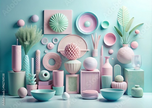 An Assortment Of Pastel-Colored Objects Arranged In An Aesthetically Pleasing Composition photo