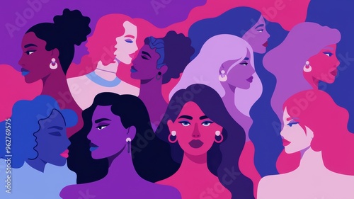 A vibrant illustration featuring diverse women with varying hairstyles and expressions against a colorful background, celebrating beauty and individuality