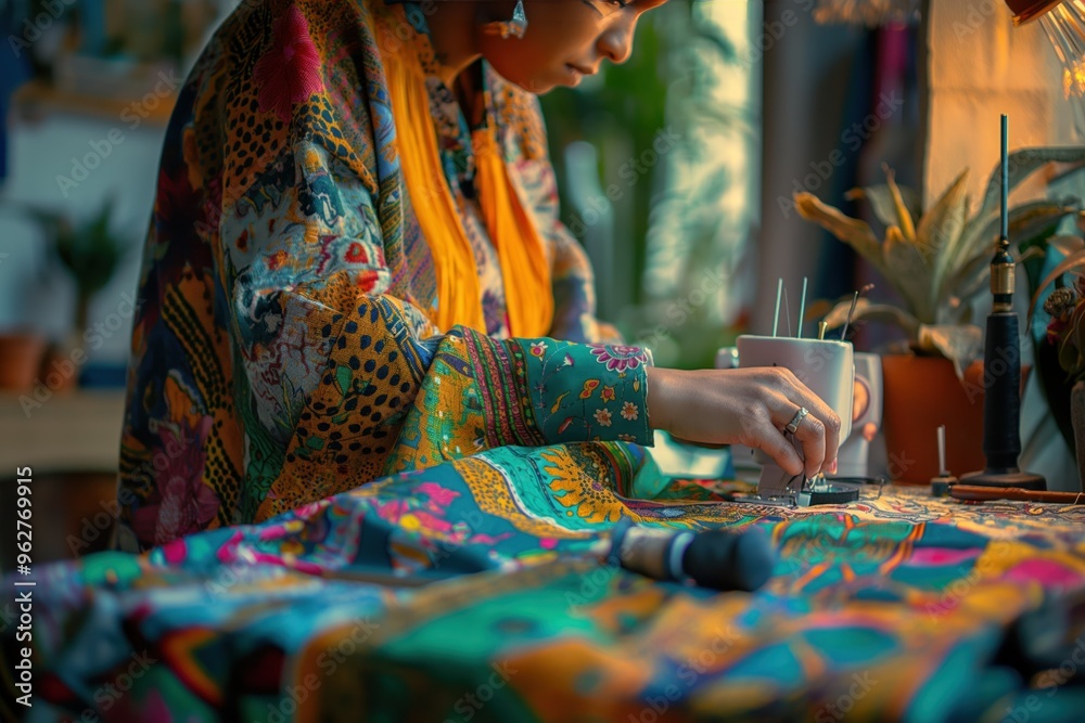 Fototapeta premium LGBTQ person sews colorful fabric in cozy studio setting. Person wears patterned robe, holds needle and thread. Tablecloth with geometric pattern, potted plant, lamp create creative atmosphere.