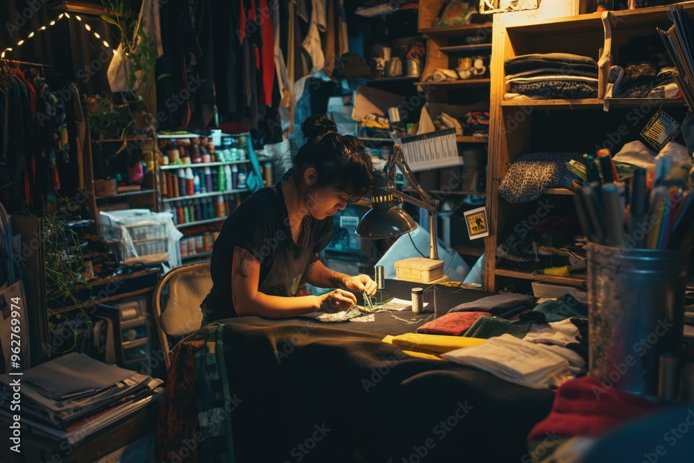 Young woman sews custom clothing in cluttered studio. She sits at desk with scissors and fabric scraps. Room filled with clothes, books, and lamp. Creative space for fashion designer or tailor. Young woman sews custom clothing in cluttered studio. She sits at desk with scissors and fabric scraps. Room filled with clothes, books, and lamp. Creative space for fashion designer or tailor.