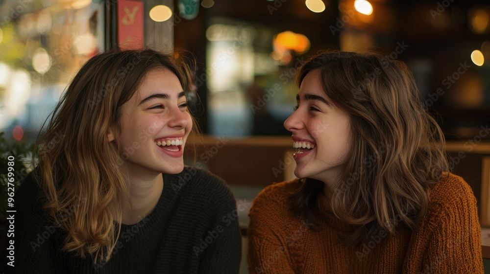 Two young women talking and laughing at a café. Two young women talking and laughing at a café.