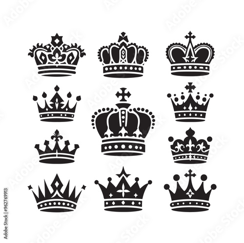 Kings crown icon set silhouette vector illustration