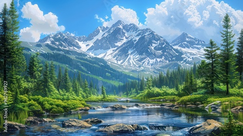 A serene landscape featuring majestic mountains, lush greenery, and a tranquil river under a bright blue sky.
