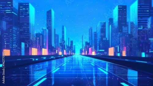 Futuristic cityscape at night with glowing skyscrapers and vibrant lights reflecting on the road, creating a digital atmosphere.