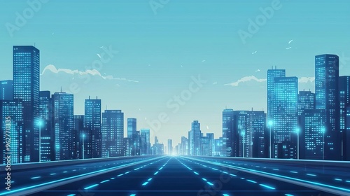 Futuristic city skyline with a smooth road leading towards a bright horizon under a clear blue sky.