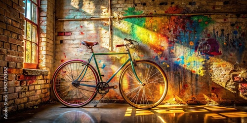 A Paint-Splattered Bicycle Stands Propped Against A Bare Brick Wall In A Dappled Light-Filled Room, Its Gears And photo