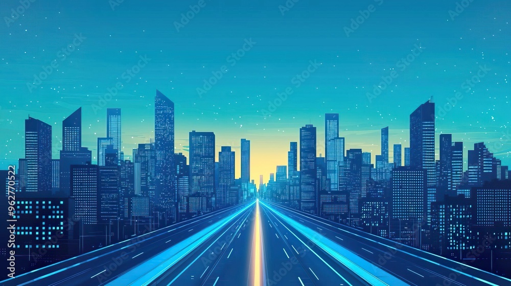 Fototapeta premium A vibrant digital cityscape at twilight, featuring skyscrapers and a glowing road leading into the horizon.