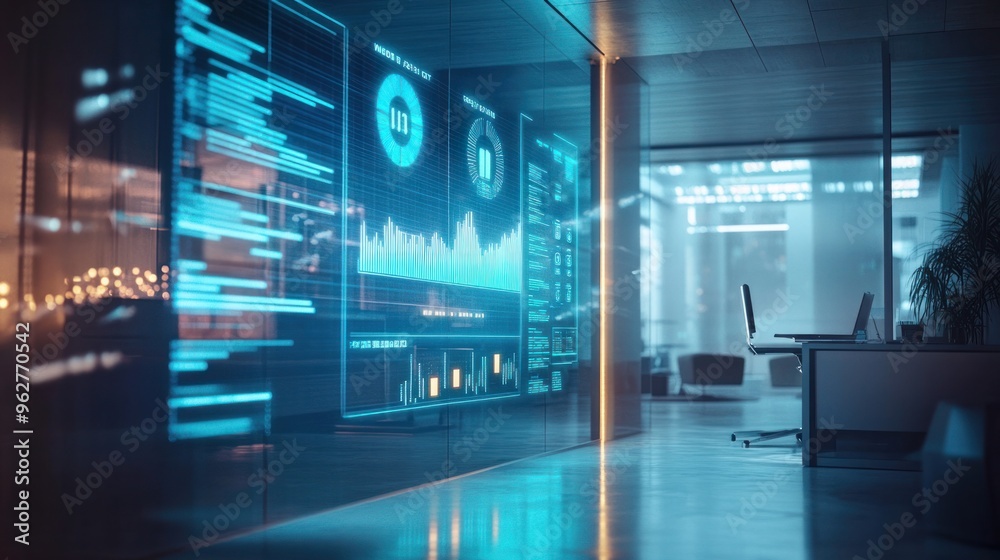 A futuristic digital display showing rising business success metrics, glowing in a modern office setting A futuristic digital display showing rising business success metrics, glowing in a modern office setting