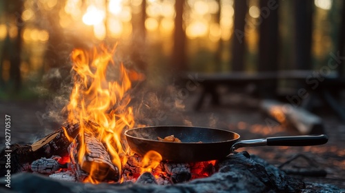 Sunset Campfire Skillet Cooking with Blurred Forest Background