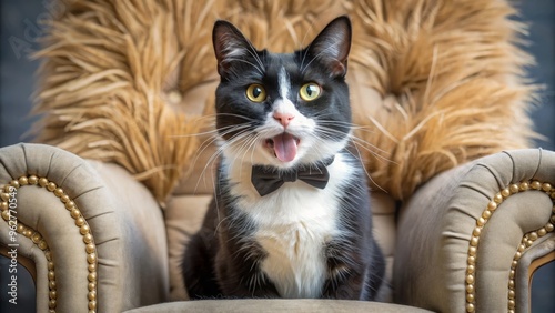 A Playful Tuxedo Cat In A Hilarious Pose, Sticking Out Its Tongue And Making A Silly Expression While photo