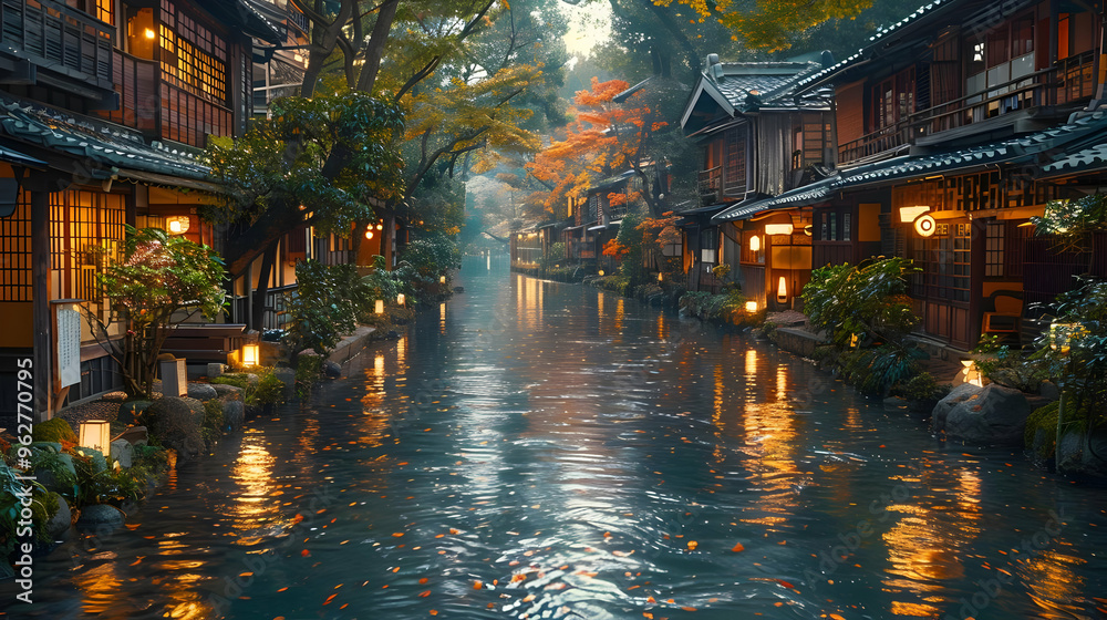 Fototapeta premium Autumn Evening Waterway in Japanese Village Illustration