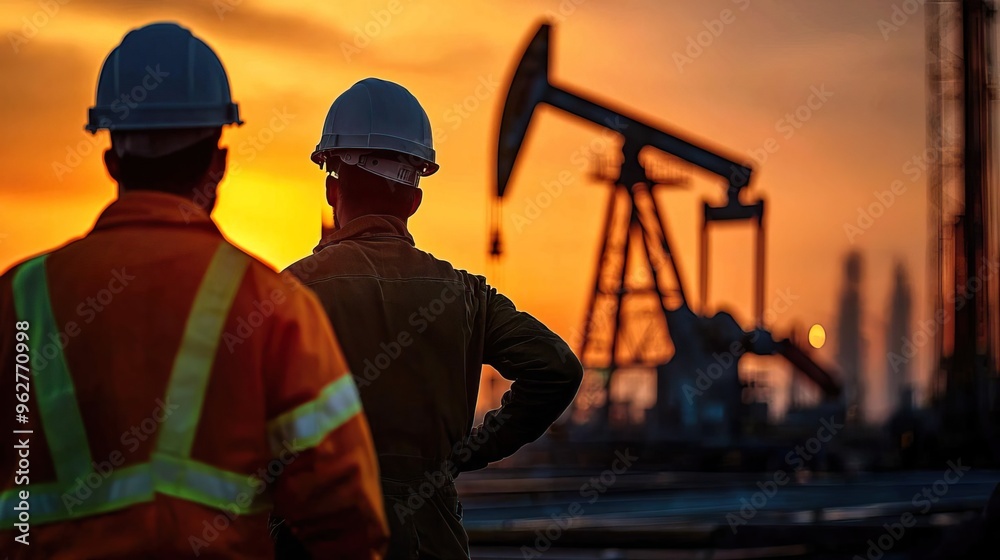 Two workers observe an oil rig at sunset, highlighting the dedication and effort in the energy industry. Two workers observe an oil rig at sunset, highlighting the dedication and effort in the energy industry.