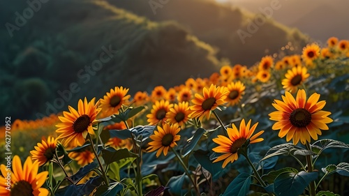 Landscape nature flower Tung Bua Tong Mexican sunflower field in winter season during sunset in Mae Hong Son near Chiang Mai, Thailand. Generative AI photo