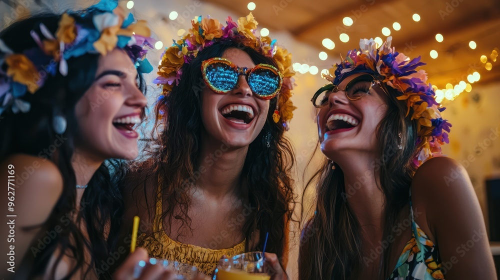 Young women enjoying a themed costume party, dressed up and laughing. Young women enjoying a themed costume party, dressed up and laughing.