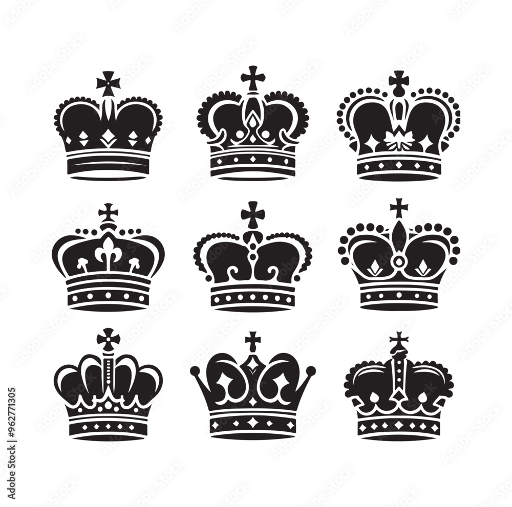 Kings crown icon set silhouette vector illustration
