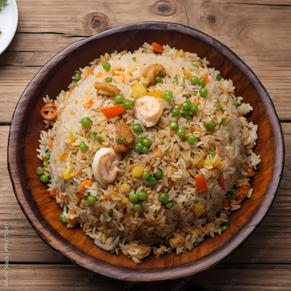A Plate of Fried Rice on a Wooden Table
