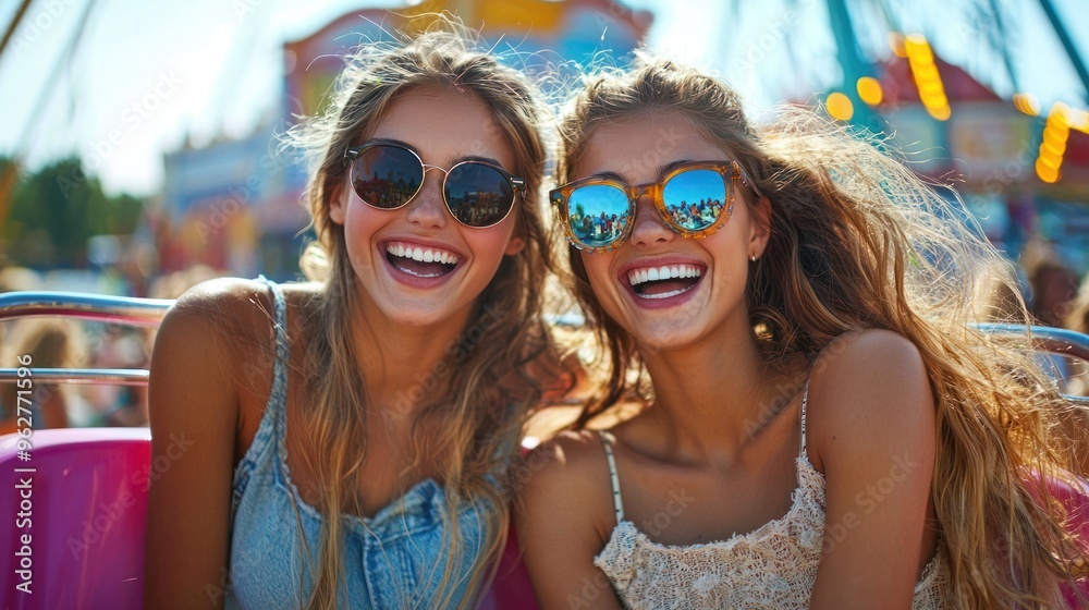 Young women having fun at an amusement park. Young women having fun at an amusement park.