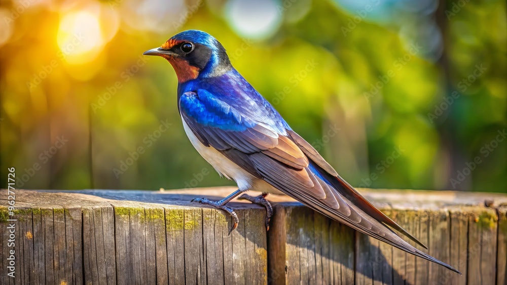 A sleek, iridescent swallow bird perches on a rustic wooden fence, its feathers glistening in the warm sunlight, highlighting its slender wings and forked tail. A sleek, iridescent swallow bird perches on a rustic wooden fence, its feathers glistening in the warm sunlight, highlighting its slender wings and forked tail.