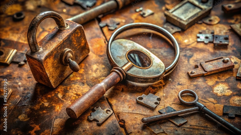 A small metal key inserted into a rusty old lock, surrounded by magnifying glasses and scattered papers, symbolizing the quest for discovery and solution. A small metal key inserted into a rusty old lock, surrounded by magnifying glasses and scattered papers, symbolizing the quest for discovery and solution.