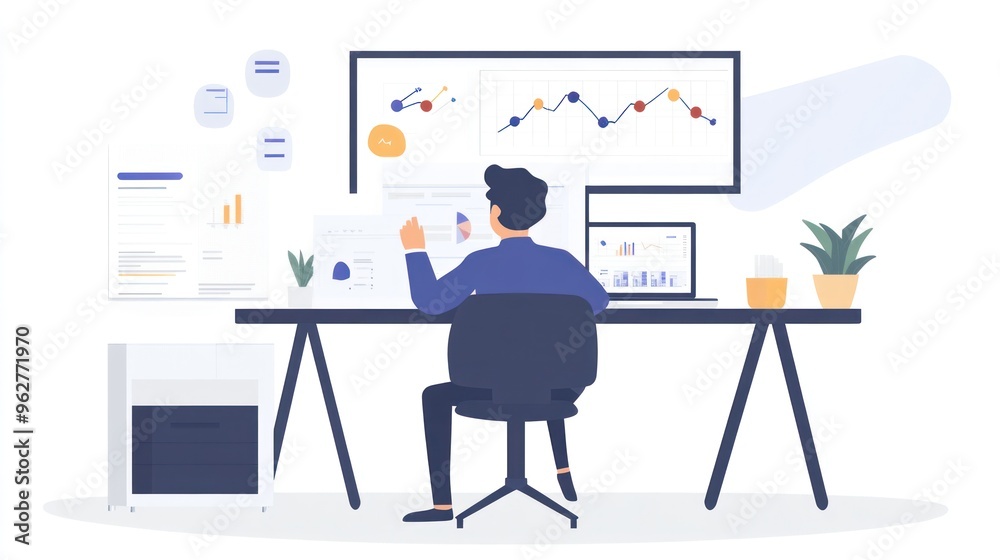 A modern desk setup with a businessman interacting with a business chart floating above the screen A modern desk setup with a businessman interacting with a business chart floating above the screen