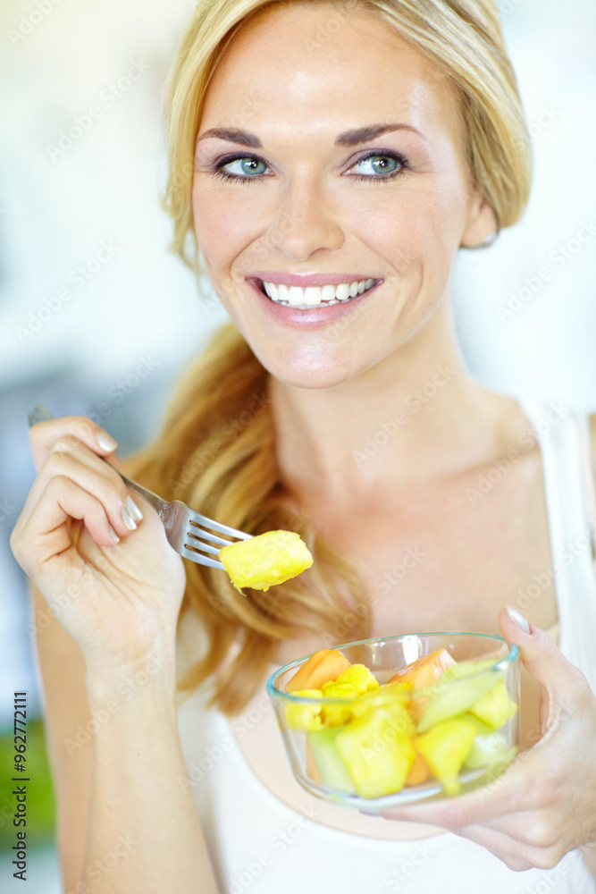 Woman thinking, vegan or fruit salad bowl in kitchen with smile, healthy breakfast or energy for vitamins. Home, Australia or happy person eating organic food for wellness, benefits or diet nutrition
