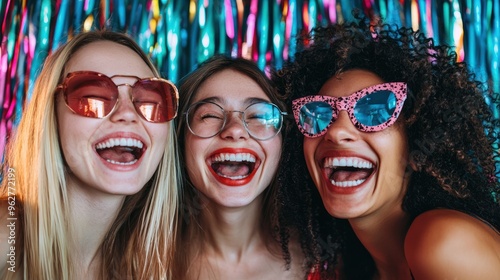 Young women laughing uncontrollably in a photo booth. photo